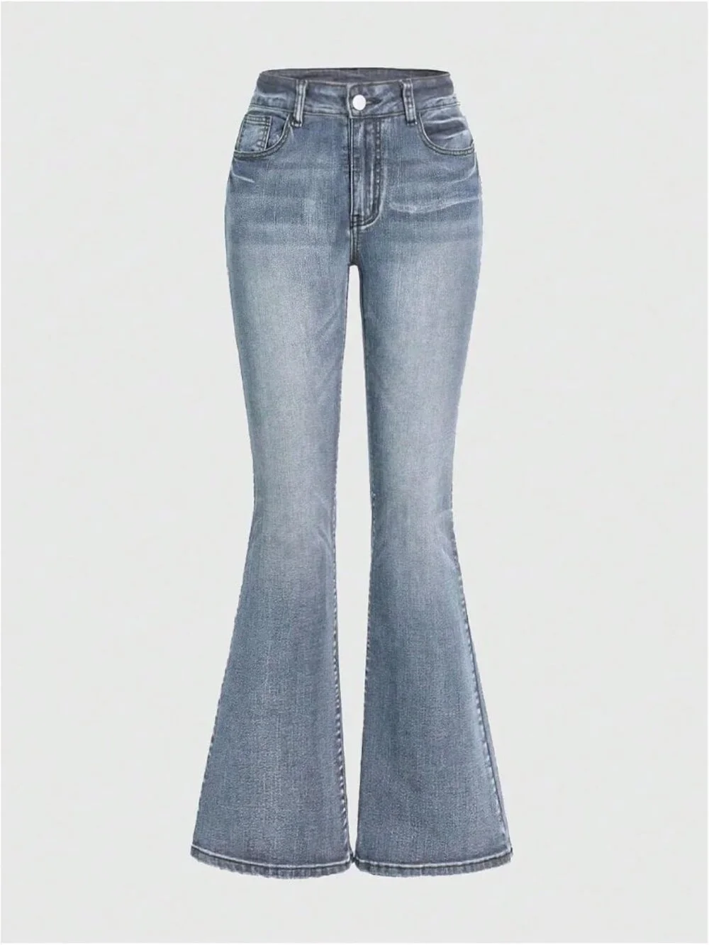 Women's Light Blue Denim Pull On Y2k Goth High Waist Mid Rise Bell Bottom Jeans